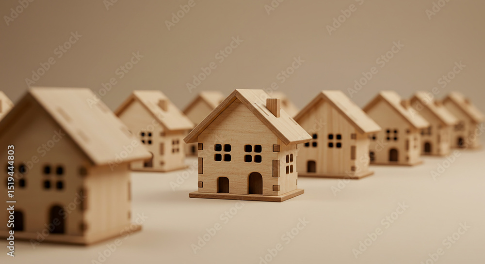 A row of miniature wooden house models arranged on a light surface with a neutral background color A row of miniature wooden house models arranged on a light surface with a neutral background color