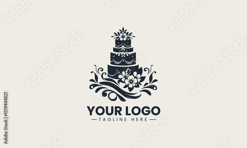 Graceful four-tier wedding cake adorned with elegant buna flower icing vector logo illustration for bakery branding