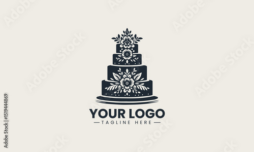 Graceful four-tier wedding cake adorned with elegant buna flower icing vector logo illustration for bakery branding