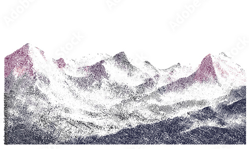 Abstract dotted mountain range, pointillist grunge texture, vintage photocopy of rocky hills with grainy noise, retro halftone vector illustration, rough texture landscape, scenic vector art.