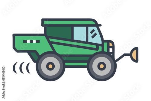 Modern green tractor moving across a farm field during a sunny day in the countryside