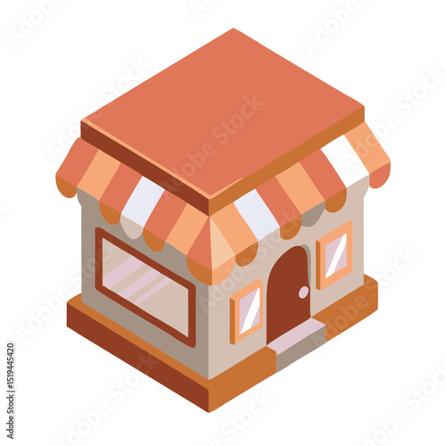 Small shop with an orange roof and striped awning situated on a neighborhood street during the afternoon