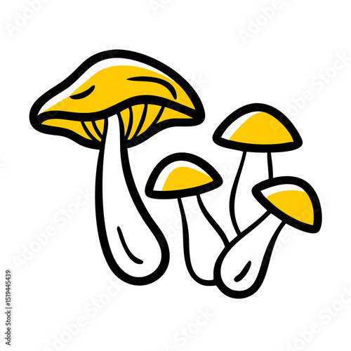 Colorful yellow mushrooms growing in a whimsical forest setting during daylight hours