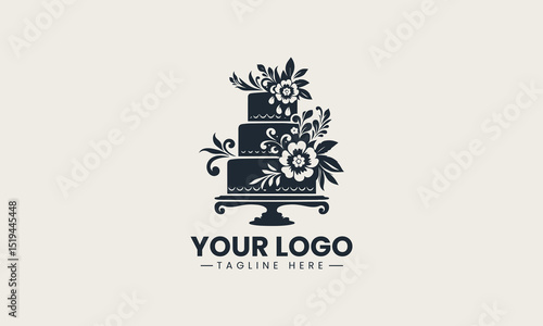 Elegant four-tier wedding cake decorated with delicate buna flowers in graceful arrangement vector logo illustration