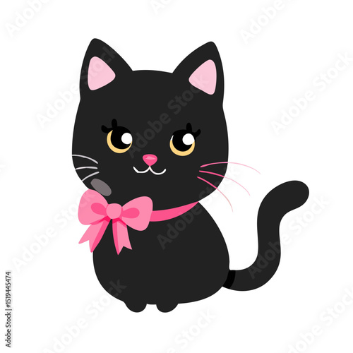 Cute black cat with pink bow sitting playfully against a simple background, capturing the essence of adorable pets