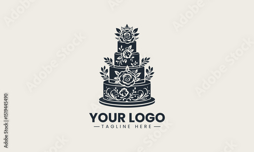 Elegant four-tier wedding cake decorated with delicate buna flowers in graceful arrangement vector logo illustration