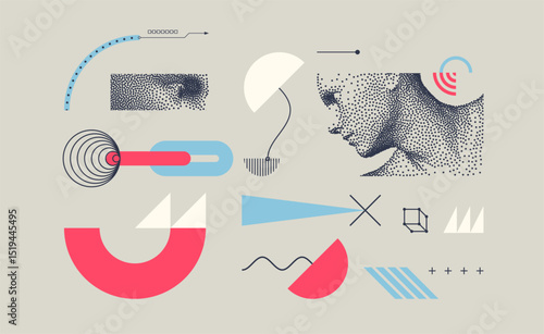 Discovery, studying and learning concept. Time to think. Man scientist thinking. Art composition. A collection of abstract shapes and lines on a green background. The shapes are all different sizes.