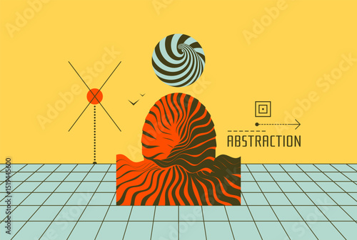Artistic composition of virtual space model with abstract figures. Optical art. 3d vector illustration for brochure, poster, presentation, flyer or banner.