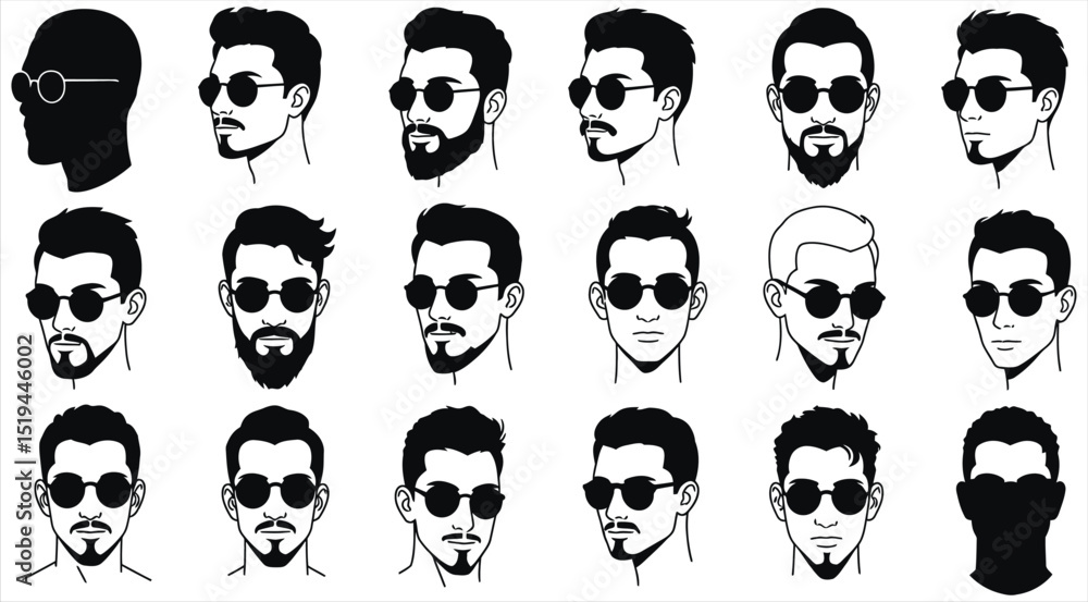 Vector illustration of diverse men's faces with various beard styles and sunglasses, ideal for barbershop, grooming, fashion, and character design related graphic projects. Vector illustration of diverse men's faces with various beard styles and sunglasses, ideal for barbershop, grooming, fashion, and character design related graphic projects.