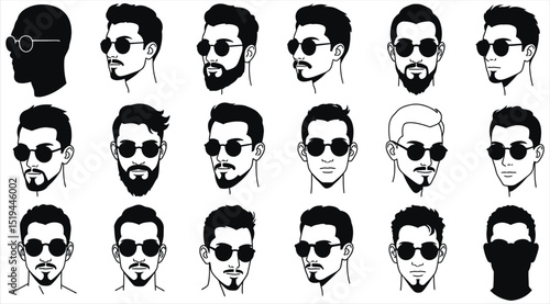 Vector illustration of diverse men's faces with various beard styles and sunglasses, ideal for barbershop, grooming, fashion, and character design related graphic projects.