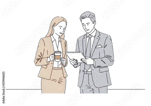 Illustration of Businesswoman with coffee and businessman with tablet isolated on white background illustration