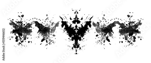 Grunge punk design, Rorschach inkblot test with halftone texture, abstract ink stains, geometric glitch shapes, distressed halftone dither dot print, vector illustration.