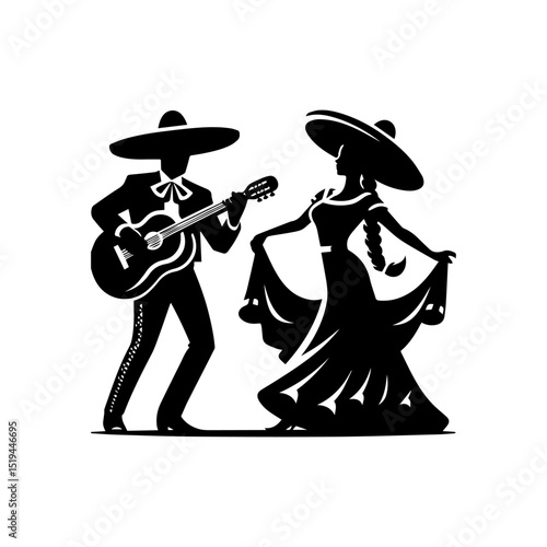 Traditional Mariachi band silhouettes featuring a male guitarist and a female dancer in a cultural vector design  
