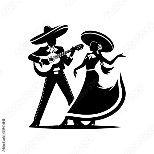 Traditional Mariachi band silhouettes featuring a male guitarist and a female dancer in a cultural vector design  
