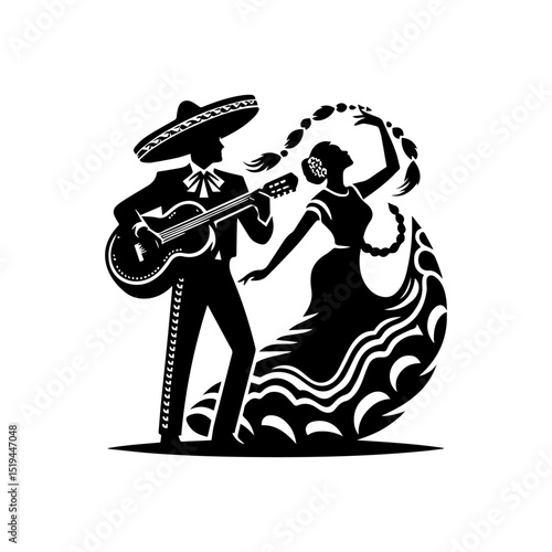 Traditional Mariachi band silhouettes featuring a male guitarist and a female dancer in a cultural vector design  