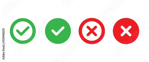 yes or no. tick and close mark icon set. check, cross, right, wrong, accept, reject symbol. green and red confirm and reject png and vector illustration on transparent background