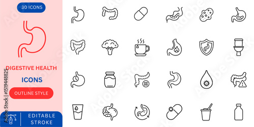 Set of 30 Outline Icons Related to Digestion, Gut Health, Stomach, Probiotics, and Wellness. Editable Stroke. Vector Illustration.