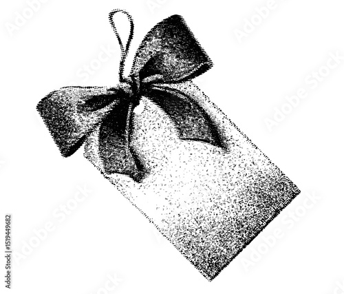 Vintage photocopy style vector illustration of holiday paper tag with bow ribbon in halftone stipple effect, grainy textured dotwork, retro grunge punk y2k design, noisy gradation print.