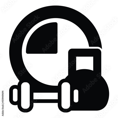 Dumbbell pair and clock solid icon, remote work concept. Vector graphics. Sport club timer sign on white background, style mobile or design.