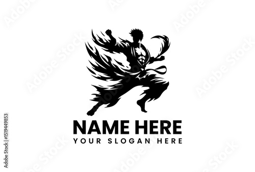 Dynamic kung fu stencil vector logo featuring martial artist in powerful mid-air kicking pose