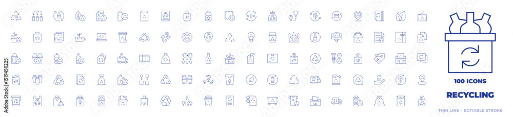 100 Recycling Icons Collection. Thin line icon. Editable stroke. eco, price tag, reusable, garbage bag, shopping bag, recycle, recycling, recyclable, placeholder, recycled bag, recycled 100 Recycling Icons Collection. Thin line icon. Editable stroke. eco, price tag, reusable, garbage bag, shopping bag, recycle, recycling, recyclable, placeholder, recycled bag, recycled