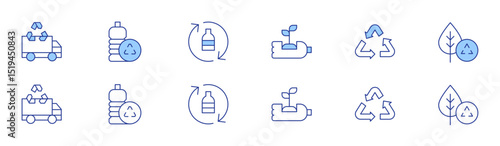 Recycling icon set in two styles, Duotone and Thin Line style. Editable stroke. recycling truck, recycling, plastic, recycle