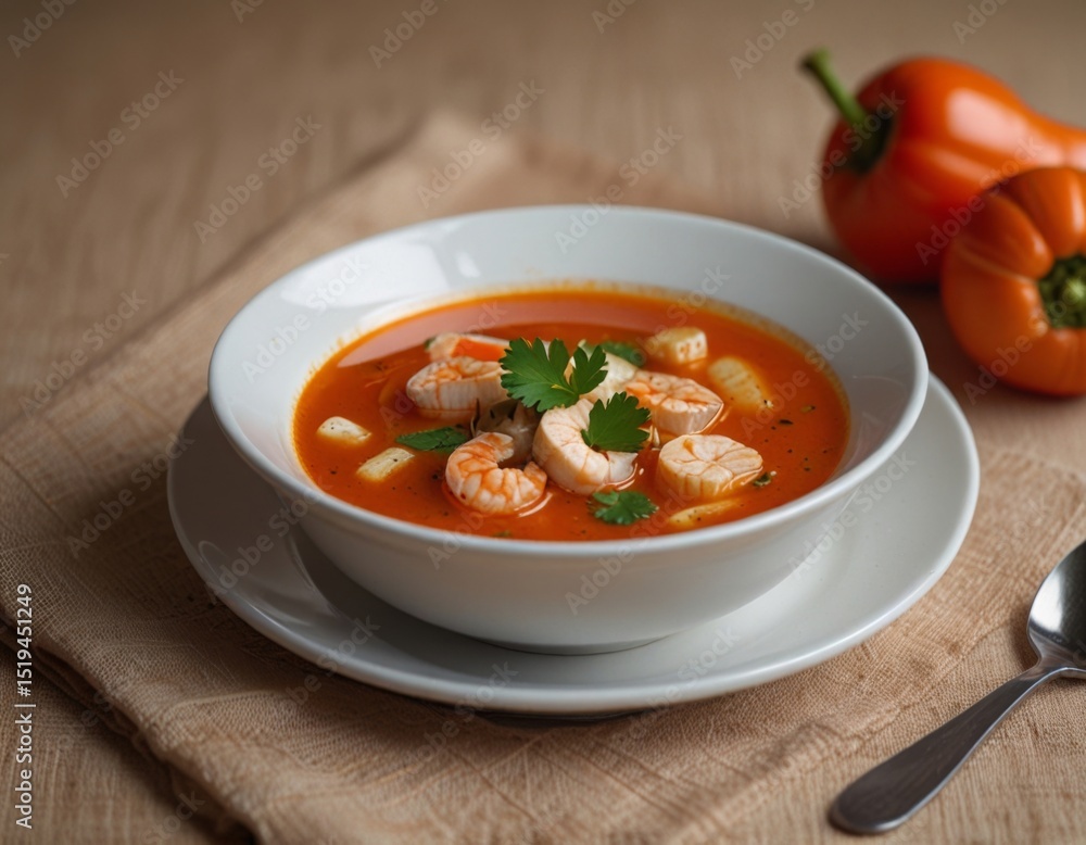 Bowl of tom yam soup in a white plate on a beige tablecloth background close-up Bowl of tom yam soup in a white plate on a beige tablecloth background close-up