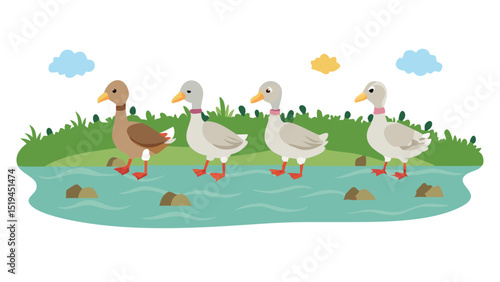 Ducks waddling along the riverbank in a serene landscape on a sunny day with clouds in the sky