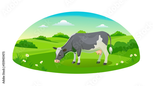 Cow grazing peacefully in a lush green landscape under a clear blue sky during daytime
