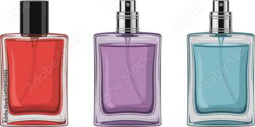 Perfume bottles collection fragrance scents eau de toilette beauty products glass spray luxury aroma 100ml editable stock vector illustration