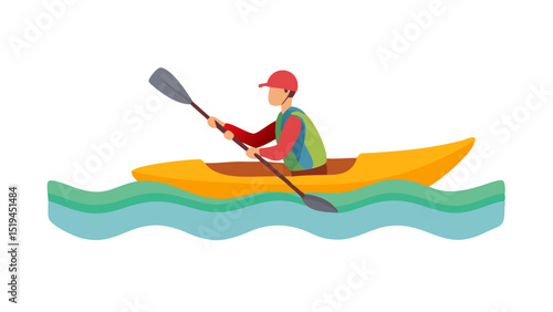 Kayaker paddling on a calm lake during a sunny day in a vibrant yellow kayak surrounded by gentle waves