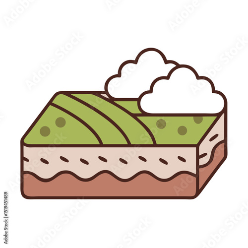 Dessert featuring layers of green and brown with cream topping on a white background