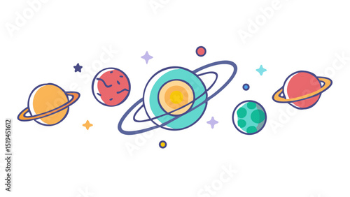 Colorful illustration of planets and celestial bodies in a whimsical space setting