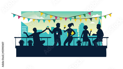 People enjoy drinks on a rooftop terrace during a vibrant sunset, celebrating with friends in a lively urban environment