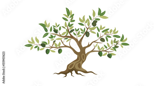 Olive tree with lush green leaves and fruits growing under bright sunlight in a rustic garden setting