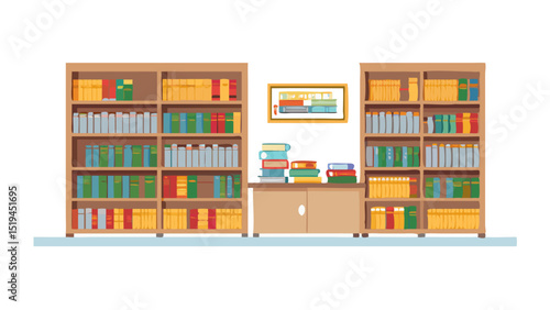 Colorful bookshelves with various books arranged neatly in a cozy library setting during daylight hours