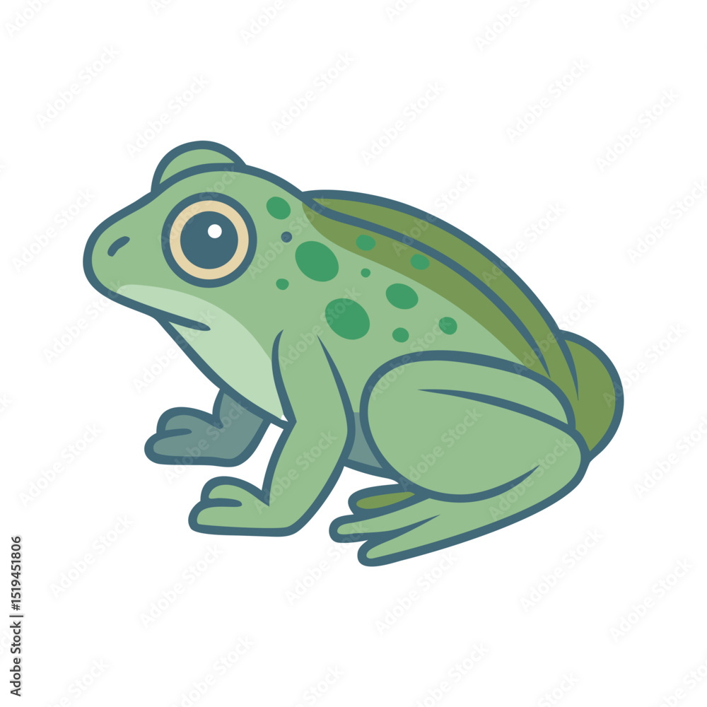 Obraz premium A green frog with prominent spots sits in a relaxed position, showcasing its joyful expression