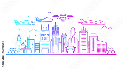 City skyline showcases futuristic transportation with drones and flying vehicles soaring above modern skyscrapers