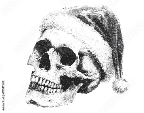 Skull in Santa hat, vintage texture, New Year's Eve disco party, retro collage, stippled design, vector illustration, festive holiday graphics, Christmas party decor, seasonal retro vibe