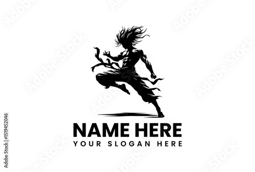 Bold martial arts stencil logo of kung fu practitioner executing high flying kick