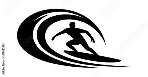 Silhouette of surfer riding a powerful ocean wave vector illustration