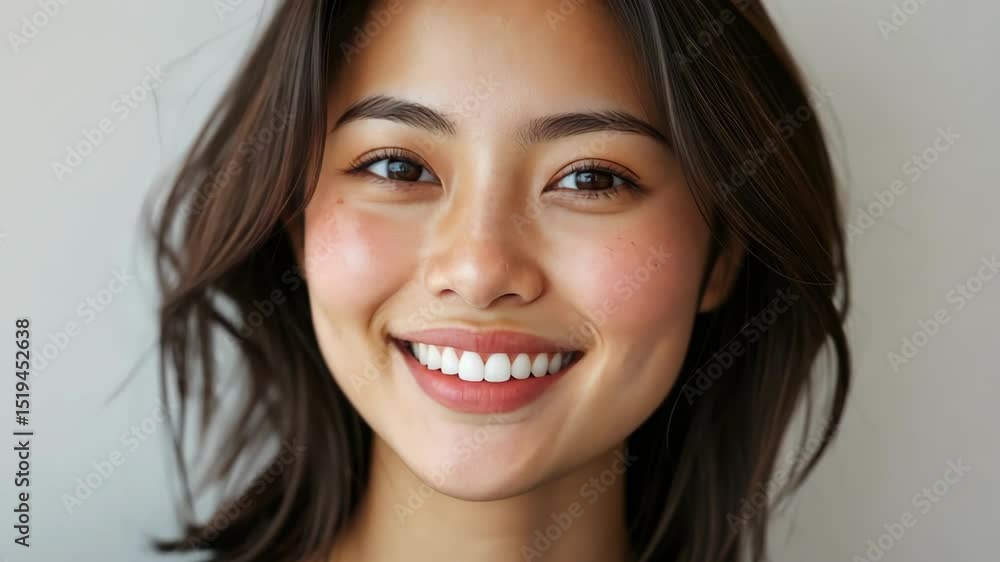 Close up portrait of a beautiful smiling young Asian woman with short hair. Healthy lifestyle and beauty concept. Close up portrait of a beautiful smiling young Asian woman with short hair. Healthy lifestyle and beauty concept.