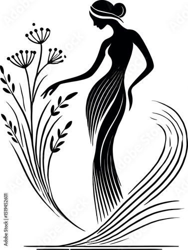 A minimalist black-and-white illustration featuring a woman leaning over a bouquet of dried herbs. Thin lines symbolize the scent, with an elegant oil drop silhouette enhancing the wellness theme.
