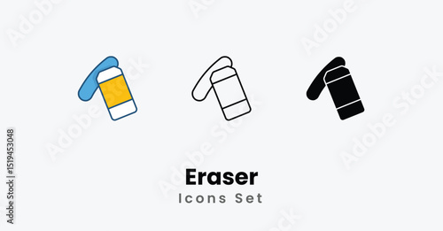 Eraser Icons thin line, Black Glyph, Colored Line vector icon stock illustration