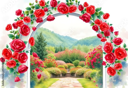 Watercolor archway adorned with red roses, blooming garden landscape, rose garden, romantic
