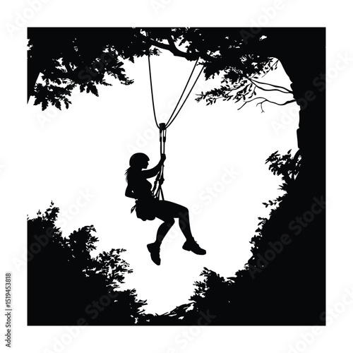 A person zip lining through a forest minimalist silhouette design