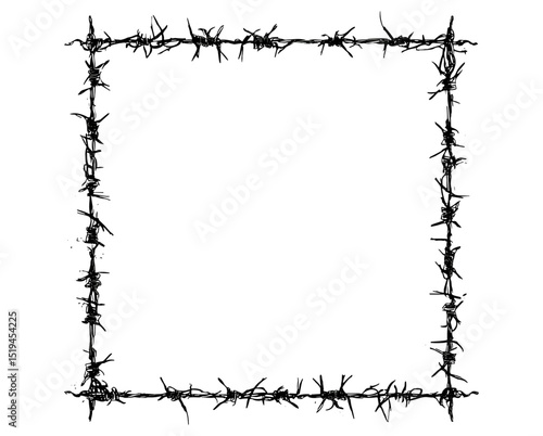 Barbed wire silhouette square frame, vector illustration of hand drawn barb wire for flyers, promotional banner, advertising material, rustic decoration, fence design.