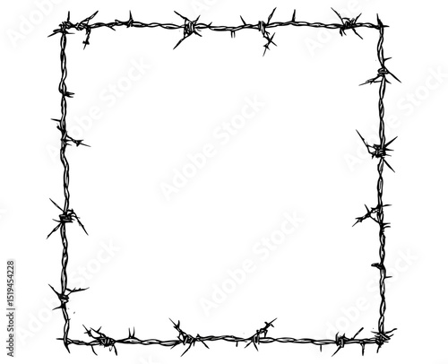 Square frame from barbed wire silhouette, hand drawn barb wire box shape for flyer, vector illustration for promotion, advertising, banner design, rustic fence, grunge texture.
