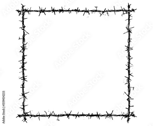 Vector illustration of square frame from barbed wire, hand drawn box shape for flyer, banner, advertising, rustic fence design, grunge texture, promotional art.