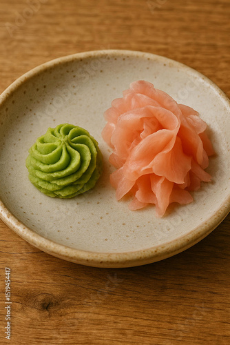 wasabi and gari sushi fresh young ginger palate cleanser condiment dish slight sweet tangy culinary delicacy pair dip slather cook chef kitchen cuisine traditional accompaniment food
